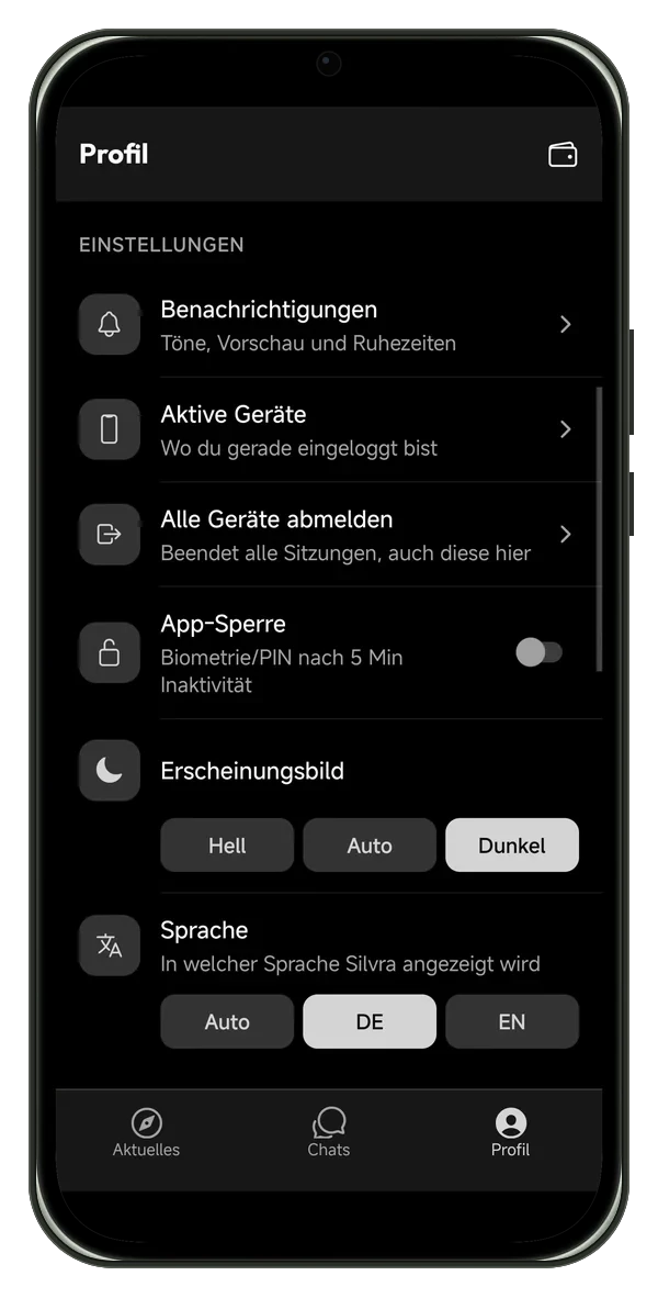 Silvra Messenger: Einstellungen mit Benachrichtigungen, aktiven Geräten, App-Sperre und Sprache