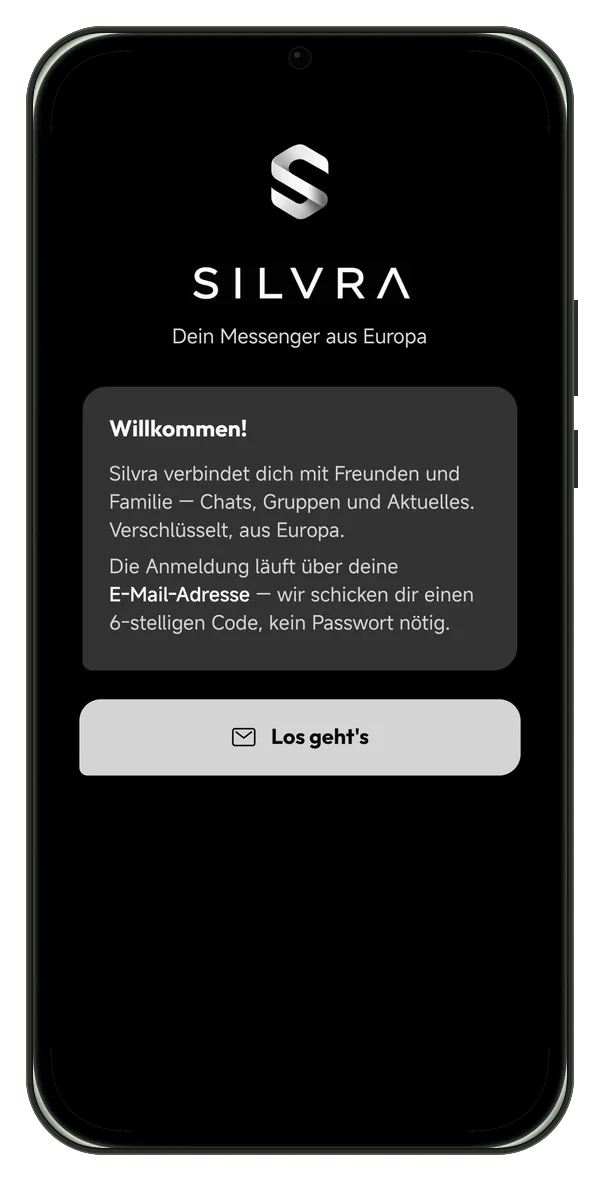 Silvra Messenger: Willkommensbildschirm mit Anmeldung per E-Mail und sechsstelligem Code